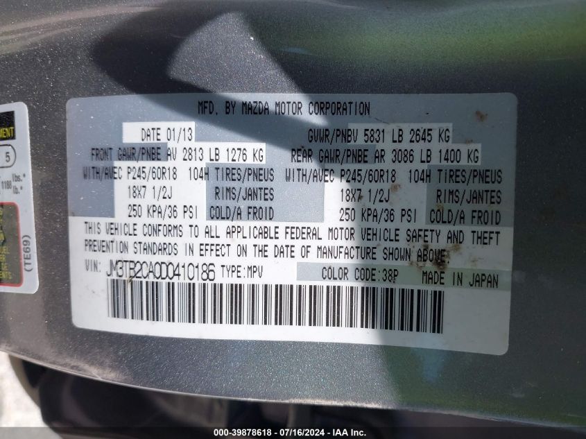 2013 Mazda Cx-9 Touring VIN: JM3TB2CA0D0410186 Lot: 39878618