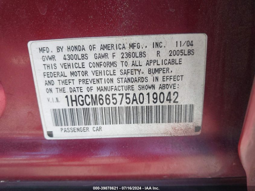2005 Honda Accord 3.0 Ex VIN: 1HGCM66575A019042 Lot: 39878621