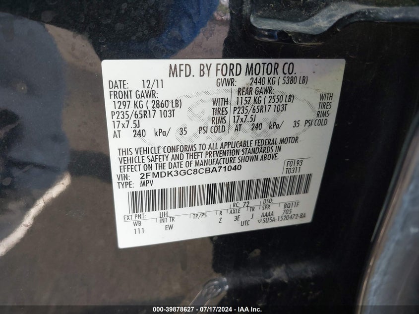 2012 Ford Edge Se VIN: 2FMDK3GC8CBA71040 Lot: 39878627