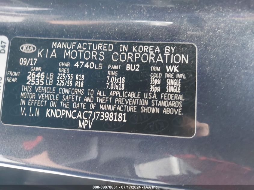 2018 Kia Sportage Ex VIN: KNDPNCAC7J7398181 Lot: 39878631