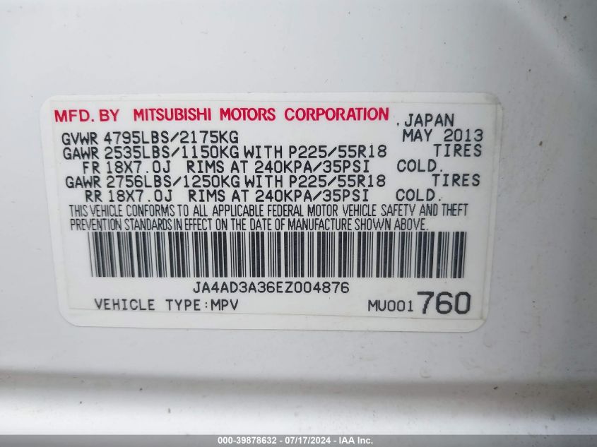 2014 Mitsubishi Outlander Se VIN: JA4AD3A36EZ004876 Lot: 39878632