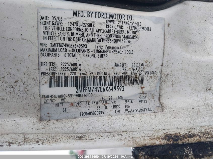 2006 Mercury Grand Marquis Gs VIN: 2MEFM74V06X649593 Lot: 39878650