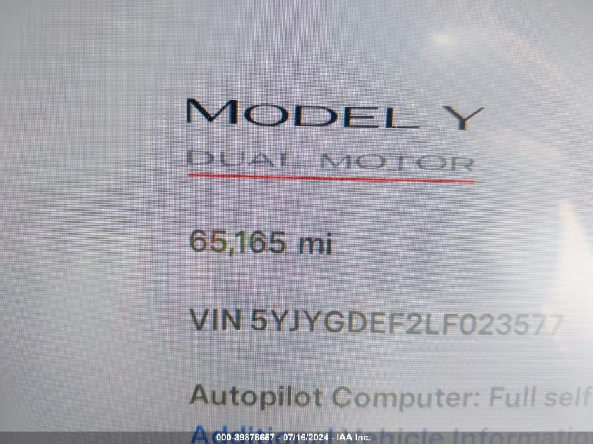 2020 Tesla Model Y VIN: 5YJYGDEF2LF023577 Lot: 39878657