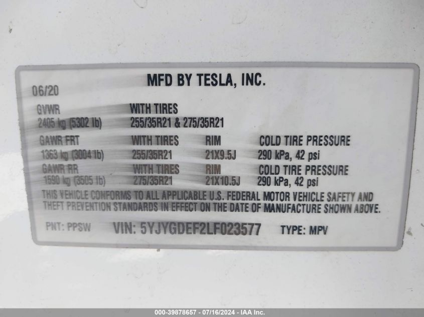 5YJYGDEF2LF023577 2020 Tesla Model Y