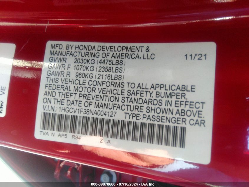 2022 Honda Accord Sport VIN: 1HGCV1F38NA004127 Lot: 39878660