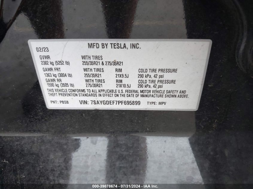 2023 Tesla Model Y Awd/Performance Dual Motor All-Wheel Drive VIN: 7SAYGDEF7PF695899 Lot: 39878674