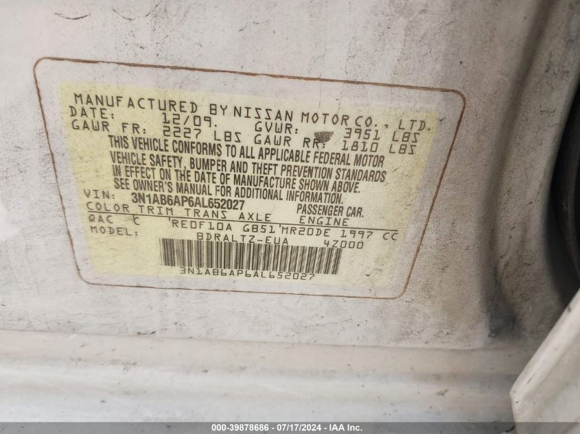 2010 Nissan Sentra 2.0/2.0S/Sr/2.0Sl VIN: 3N1AB6AP6AL652027 Lot: 39878686