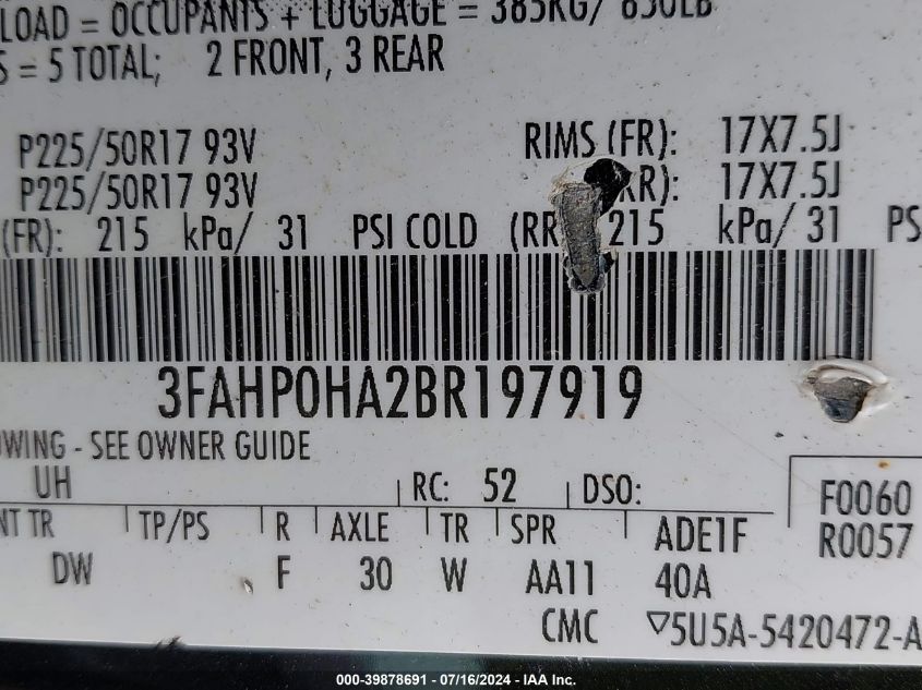 2011 Ford Fusion Se VIN: 3FAHP0HA2BR197919 Lot: 39878691