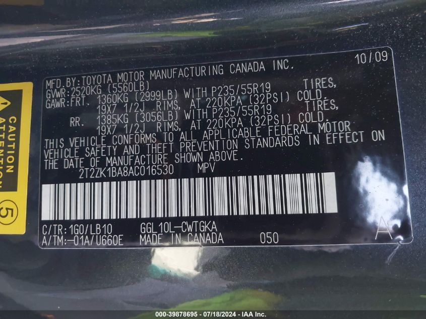 2010 Lexus Rx 350 VIN: 2T2ZK1BA8AC016530 Lot: 39878695