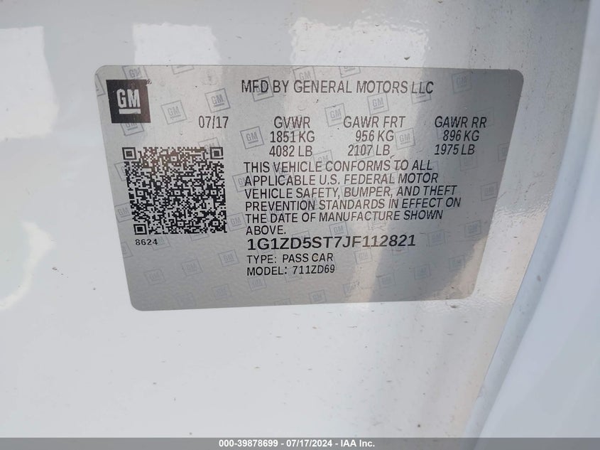 2018 Chevrolet Malibu Lt VIN: 1G1ZD5ST7JF112821 Lot: 39878699