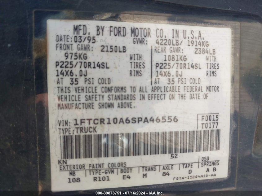 1995 Ford Ranger VIN: 1FTCR10A6SPA46556 Lot: 39878751