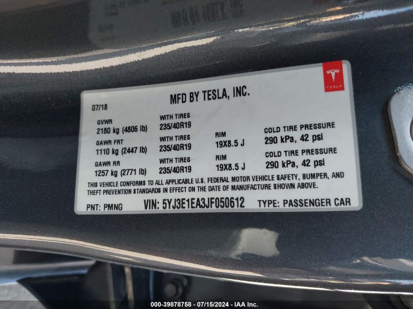 2018 Tesla Model 3 Long Range/Mid Range VIN: 5YJ3E1EA3JF050612 Lot: 39878758