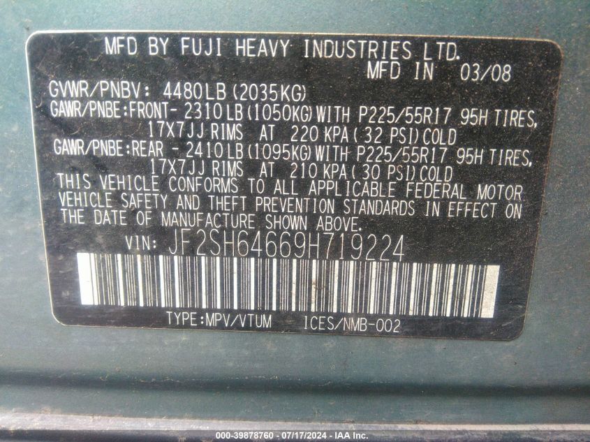 2009 Subaru Forester 2.5X Limited VIN: JF2SH64669H719224 Lot: 39878760