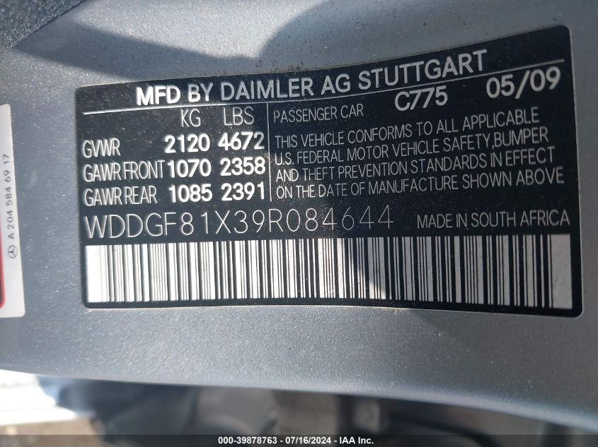 WDDGF81X39R084644 | 2009 MERCEDES-BENZ C 300