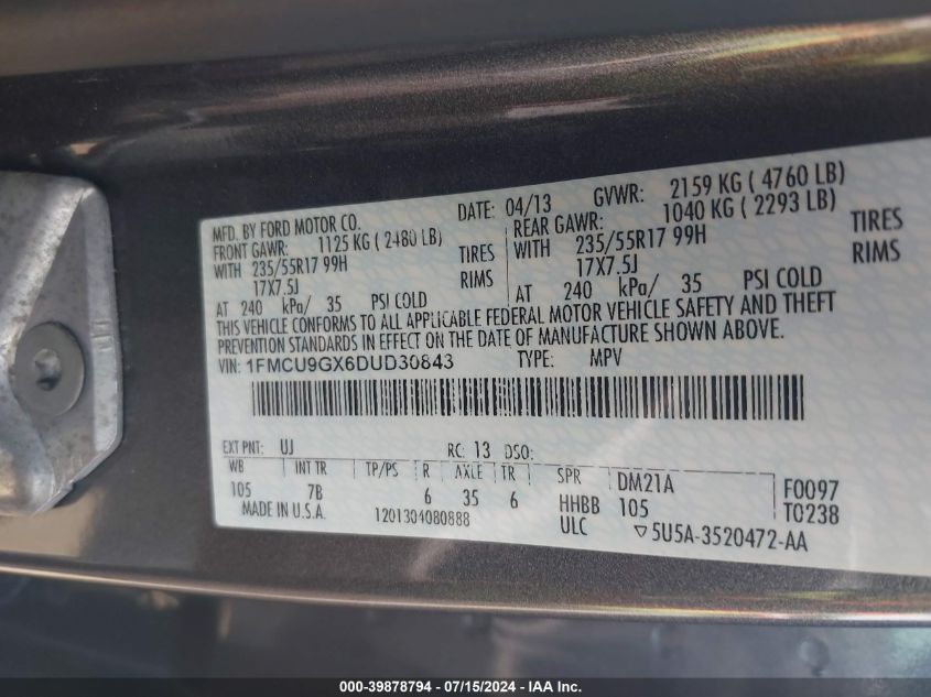 1FMCU9GX6DUD30843 2013 Ford Escape Se