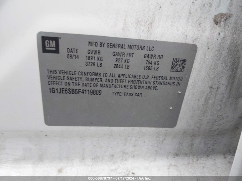 2015 Chevrolet Sonic Ltz VIN: 1G1JE6SB5F4119809 Lot: 39878797
