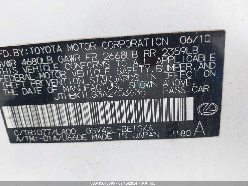 2010 Lexus Es 350 VIN: JTHBK1EG3A2403635 Lot: 39878805