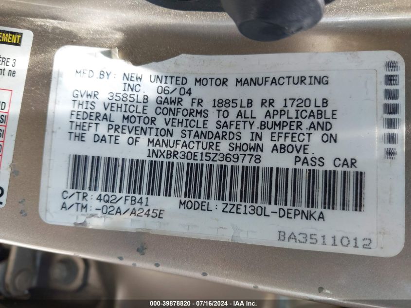 2005 Toyota Corolla Le VIN: 1NXBR30E15Z369778 Lot: 39878820