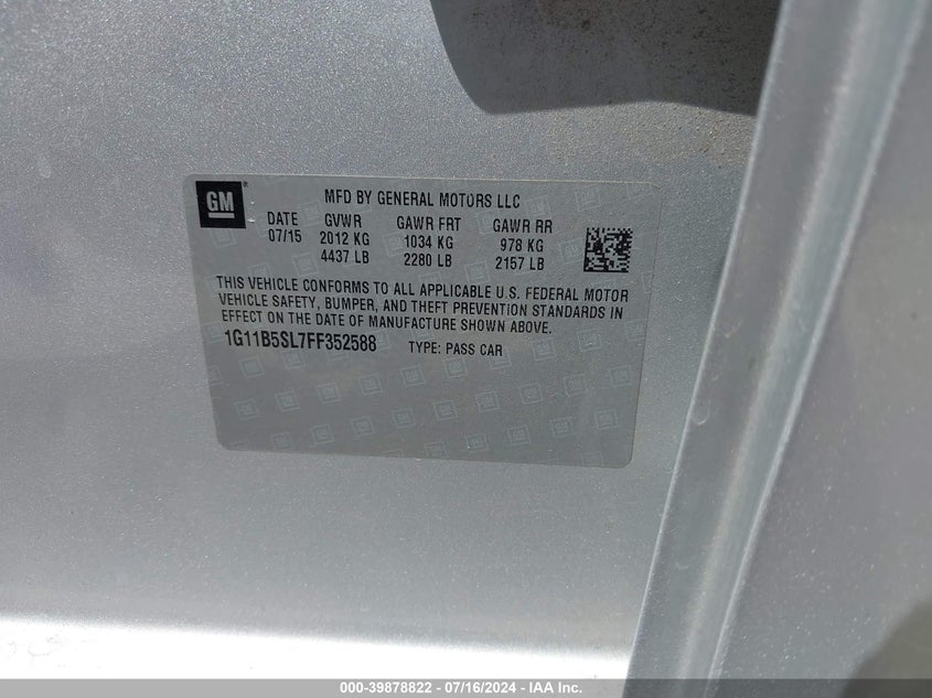 2015 Chevrolet Malibu Ls VIN: 1G11B5SL7FF352588 Lot: 39878822