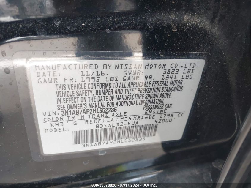 2017 Nissan Sentra Sv VIN: 3N1AB7AP2HL652235 Lot: 39878828