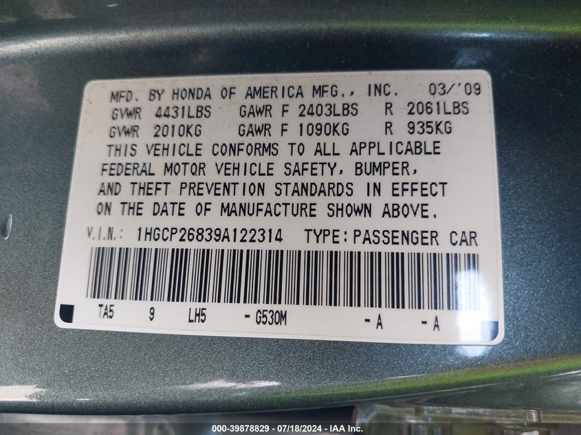 2009 Honda Accord Exl VIN: 1HGCP26839A122314 Lot: 39878829