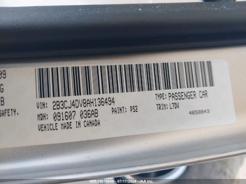 2010 Dodge Challenger Se VIN: 2B3CJ4DV8AH136494 Lot: 39878856