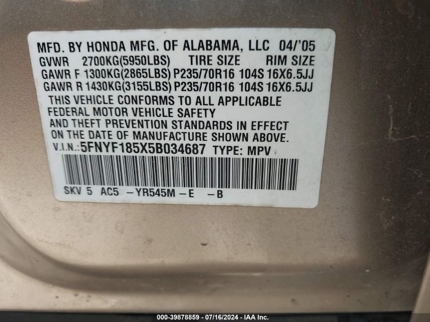 2005 Honda Pilot Ex-L VIN: 5FNYF185X5B034687 Lot: 39878859