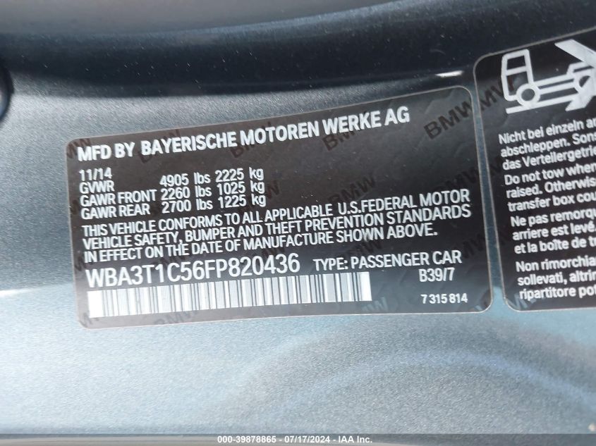 2015 BMW 428 Xi Sulev VIN: WBA3T1C56FP820436 Lot: 39878865