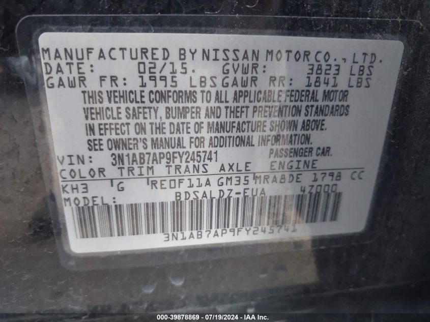 2015 Nissan Sentra S/Sv/Sr/Sl VIN: 3N1AB7AP9FY245741 Lot: 39878869