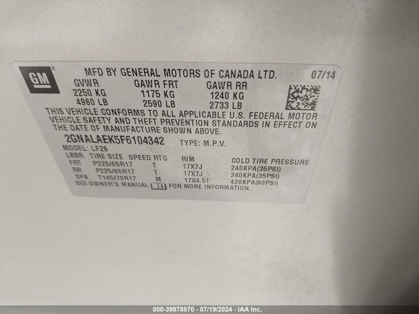 2015 Chevrolet Equinox Ls VIN: 2GNALAEK5F6104342 Lot: 39878870