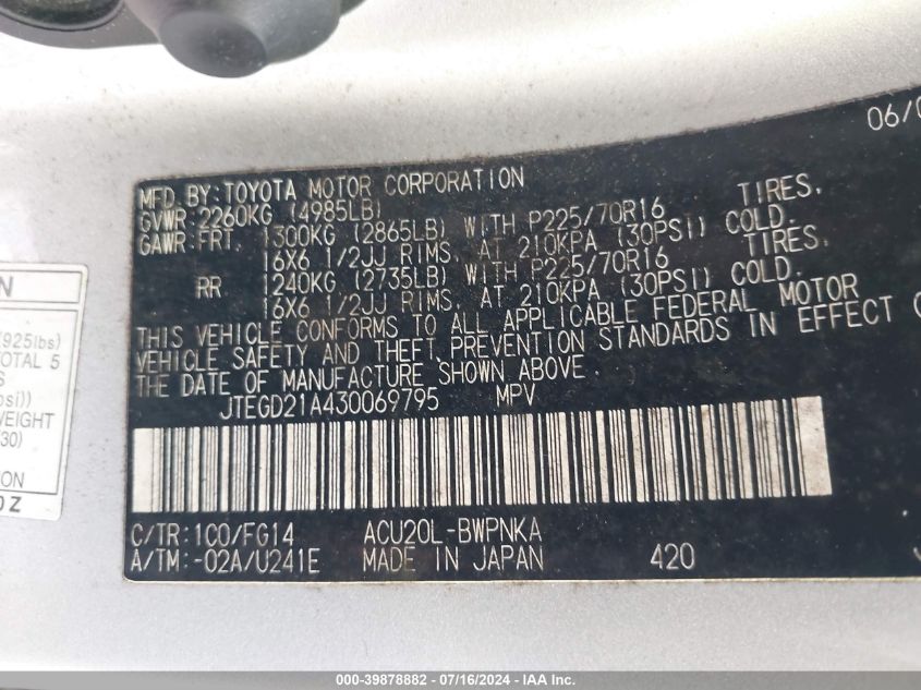 2003 Toyota Highlander VIN: JTEGD21A430069795 Lot: 39878882