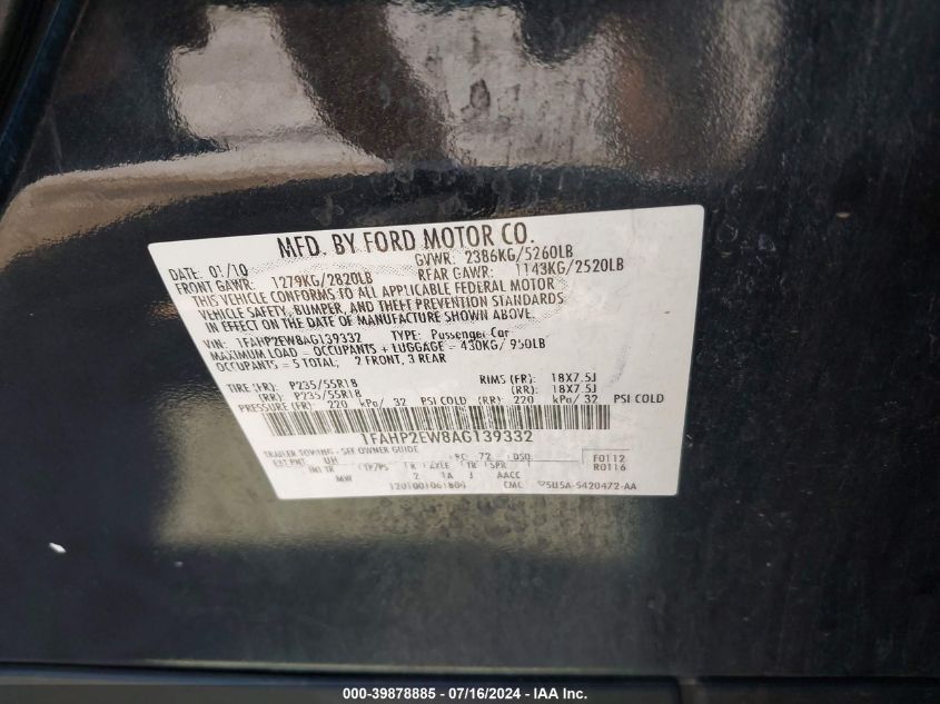 2010 Ford Taurus Sel VIN: 1FAHP2EW8AG139332 Lot: 39878885