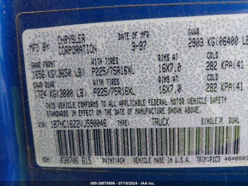 1997 Dodge Ram 1500 Lt VIN: 1B7HC16Z2VJ590046 Lot: 39878886