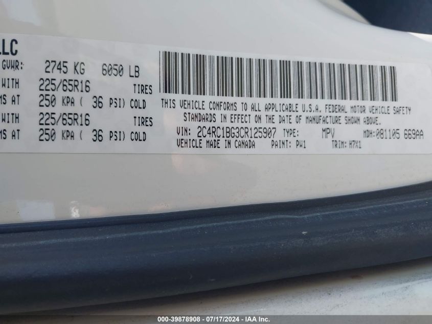 2012 Chrysler Town & Country Touring VIN: 2C4RC1BG3CR125907 Lot: 39878908