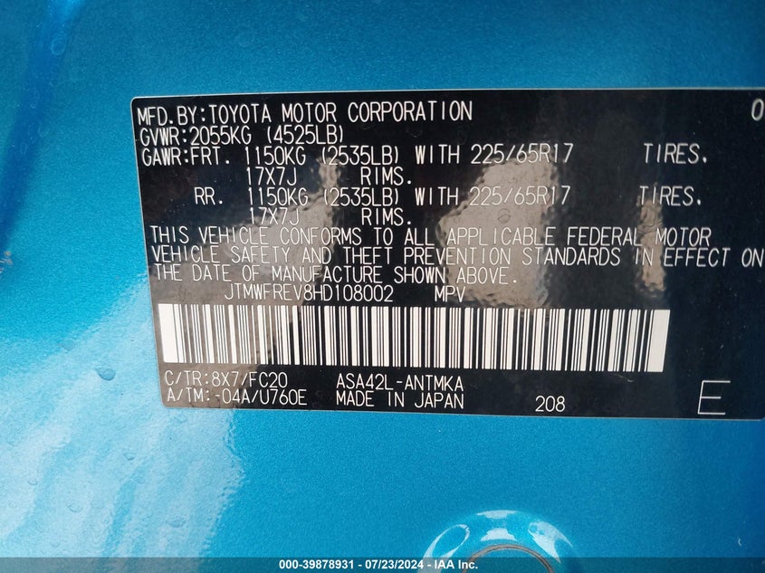 2017 TOYOTA RAV4 VIN: JTMWFREV8HD108002