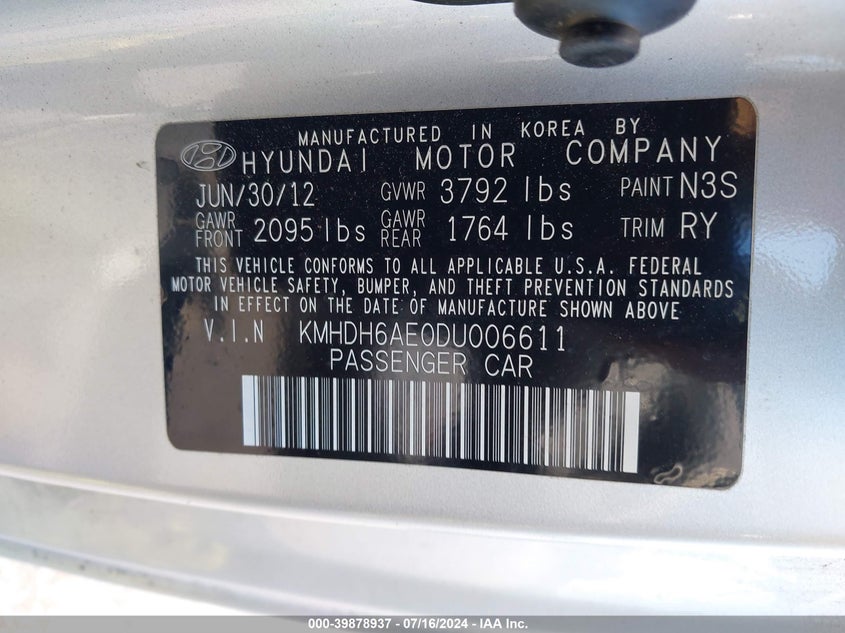 2013 Hyundai Elantra Se VIN: KMHDH6AE0DU006611 Lot: 39878937