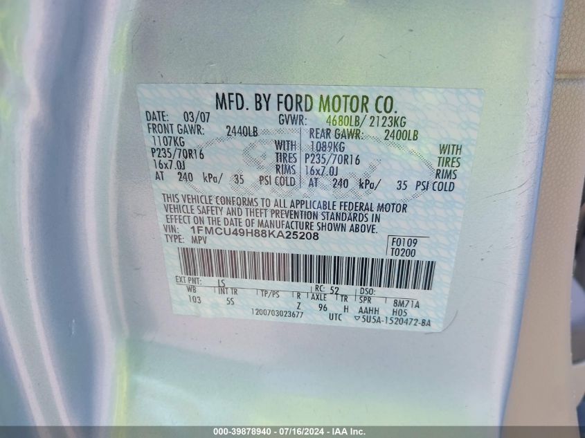 2008 Ford Escape Hybrid VIN: 1FMCU49H88KA25208 Lot: 39878940