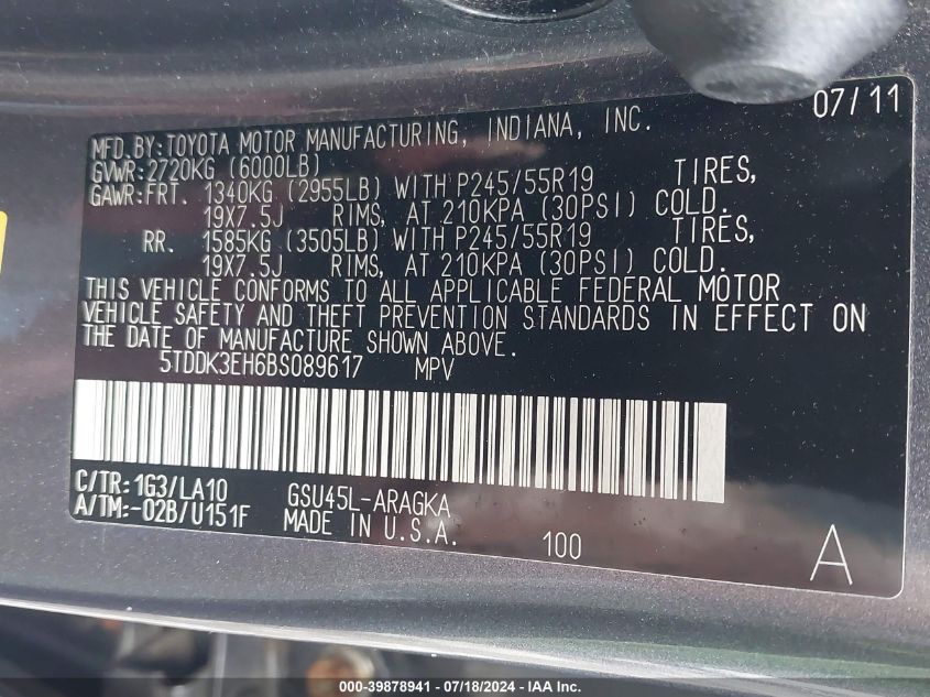 2011 Toyota Highlander Limited VIN: 5TDDK3EH6BS089617 Lot: 39878941