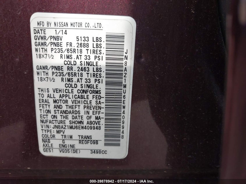 2014 Nissan Murano Le/S/Sl/Sv VIN: JN8AZ1MU6EW409948 Lot: 39878942