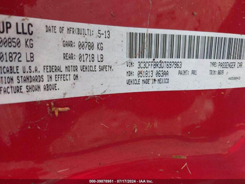 2013 Fiat 500 Sport VIN: 3C3CFFBR3DT697963 Lot: 39878951