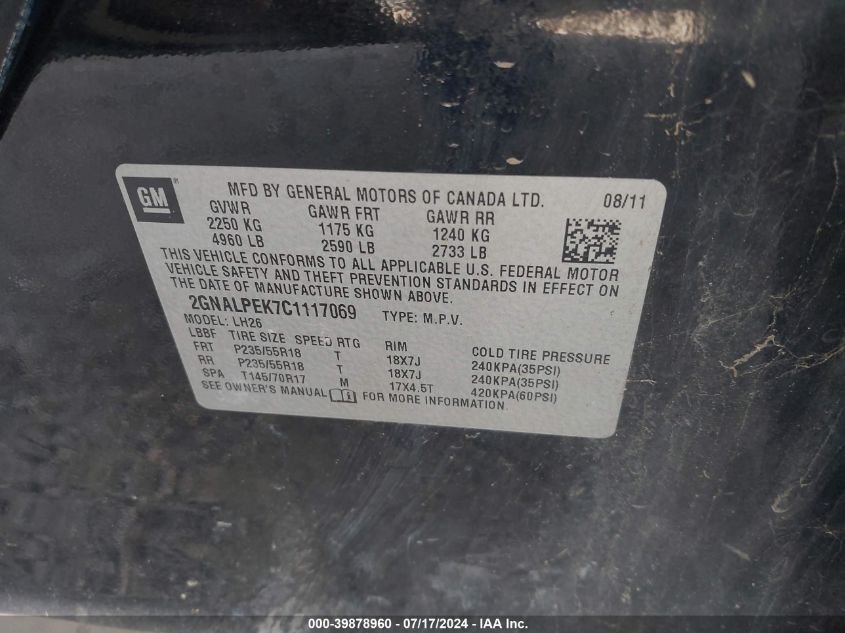 2012 Chevrolet Equinox Lt VIN: 2GNALPEK7C1117069 Lot: 39878960