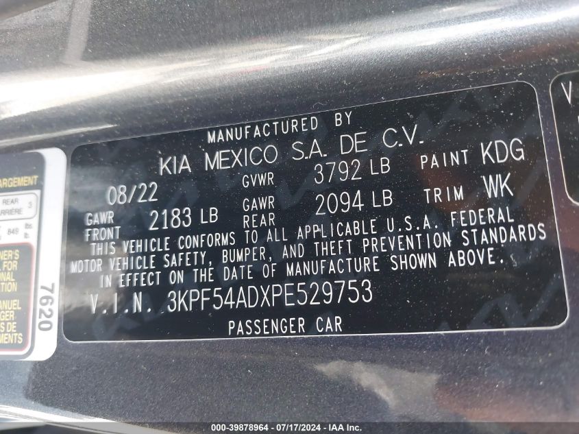 2023 Kia Forte Gt-Line VIN: 3KPF54ADXPE529753 Lot: 39878964