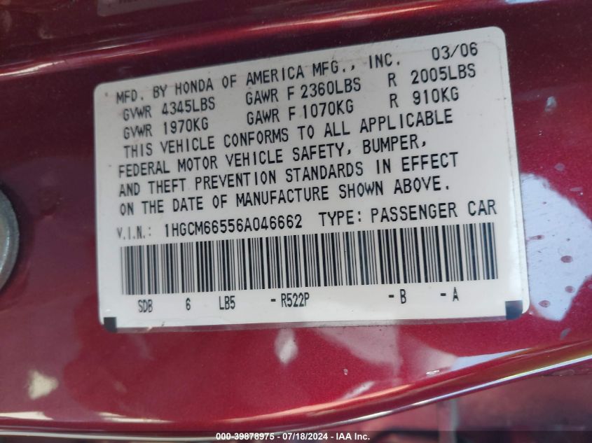 2006 Honda Accord 3.0 Ex VIN: 1HGCM66556A046662 Lot: 39878975