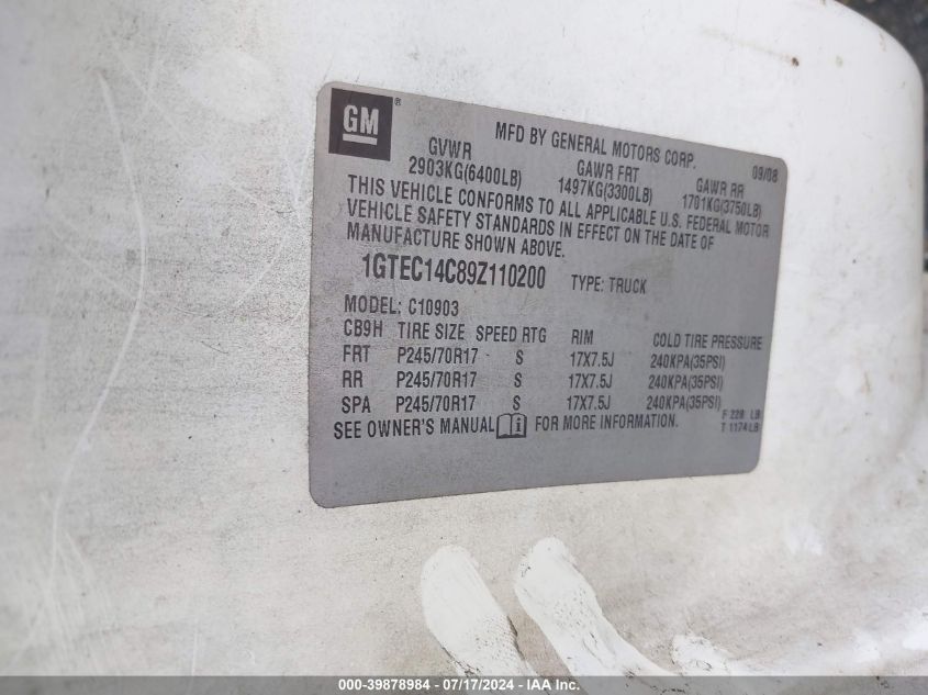2009 GMC Sierra 1500 Work Truck VIN: 1GTEC14C89Z110200 Lot: 39878984