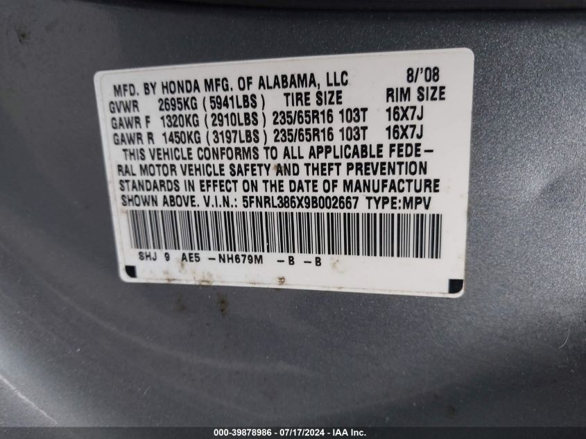 2009 Honda Odyssey Ex-L VIN: 5FNRL386X9B002667 Lot: 39878986