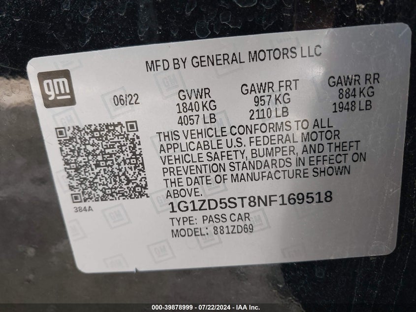 2022 Chevrolet Malibu Fwd Lt VIN: 1G1ZD5ST8NF169518 Lot: 39878999