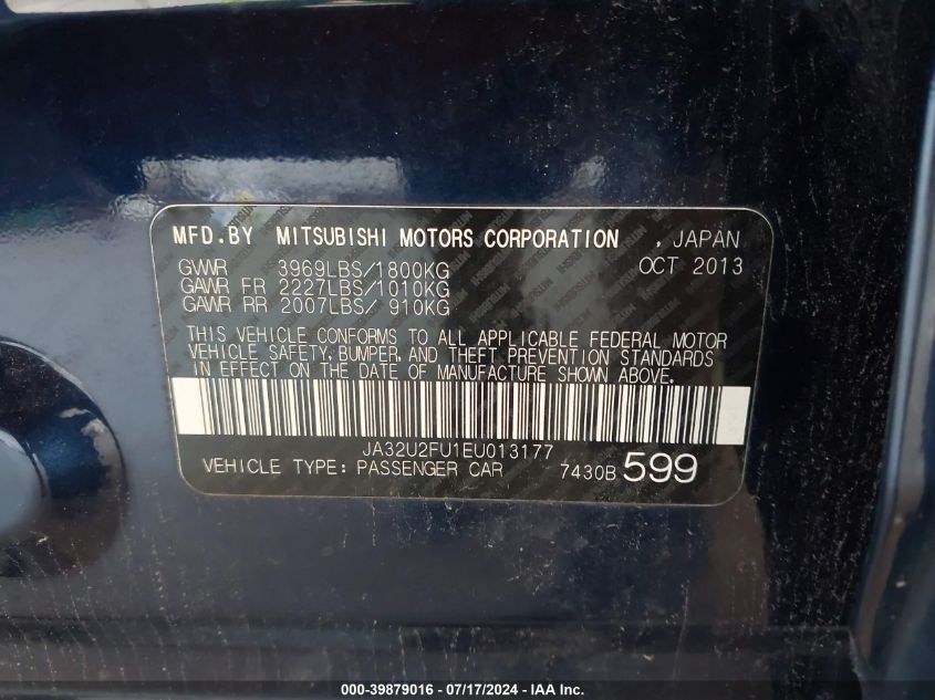 2014 Mitsubishi Lancer Es/Es Sport VIN: JA32U2FU1EU013177 Lot: 39879016