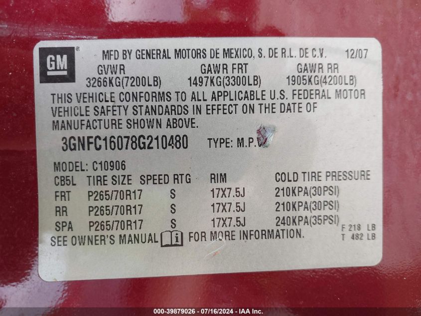 2008 Chevrolet Suburban 1500 Lt VIN: 3GNFC16078G210480 Lot: 39879026