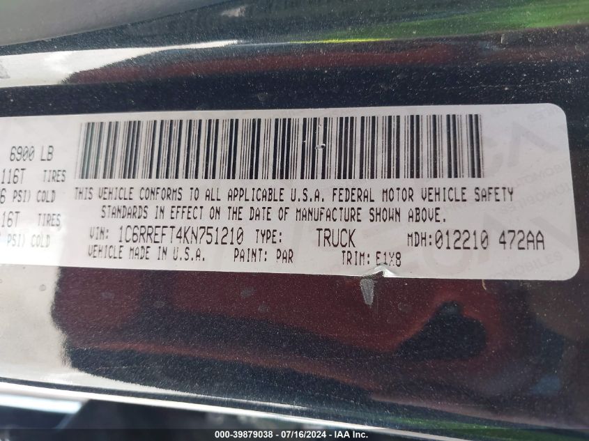 2019 Ram 1500 Big Horn/Lone Star VIN: 1C6RREFT4KN751210 Lot: 39879038