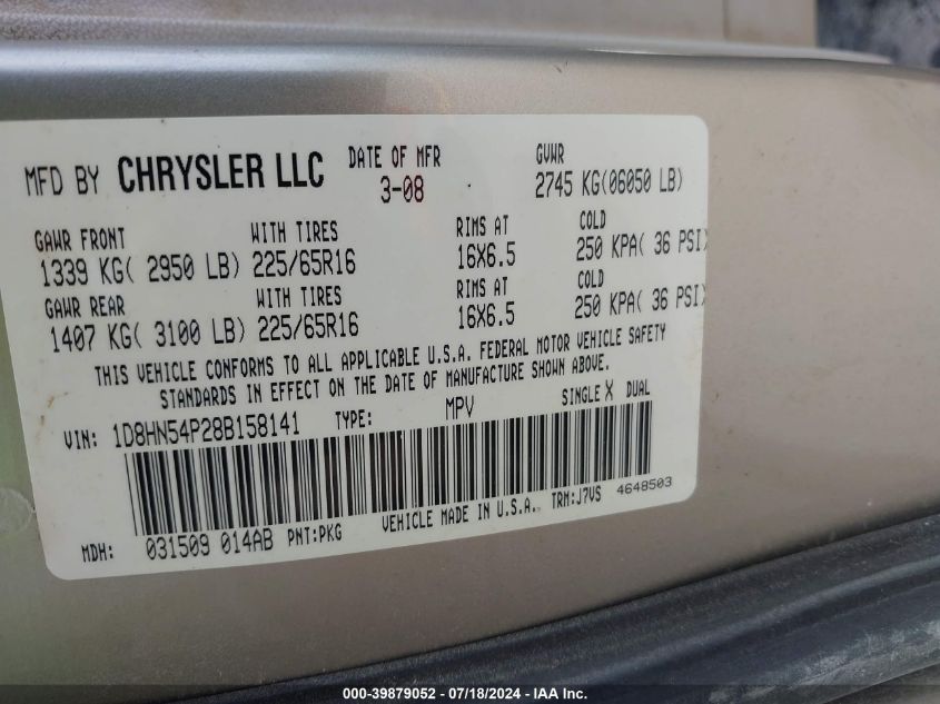 2008 Dodge Grand Caravan Sxt VIN: 1D8HN54P28B158141 Lot: 39879052